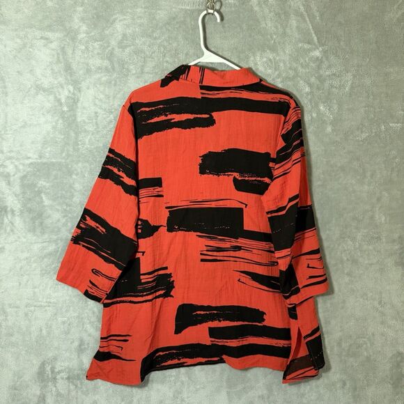 Ali Miles Tunic XL Abstract Red Black Button Artsy Lagenlook Sleeve 3/4 Top - Picture 3 of 7